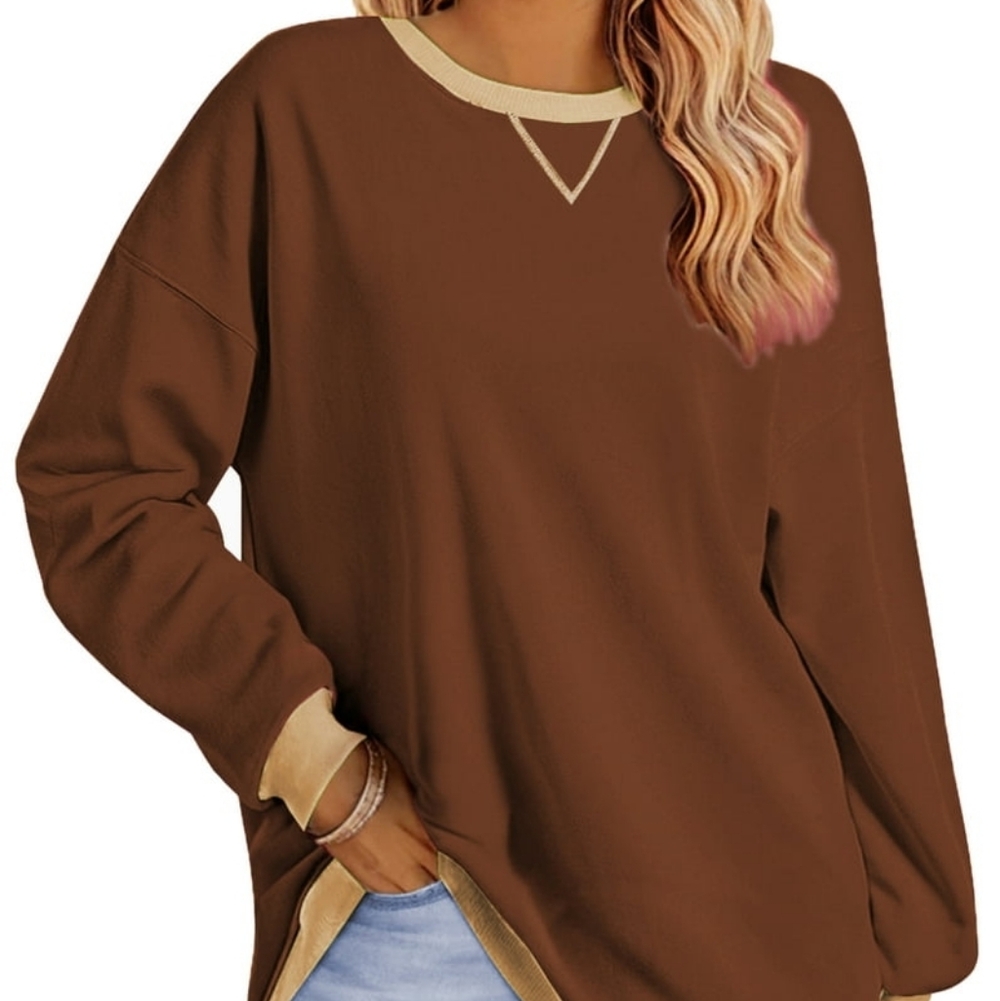 Sweatshirt Large Brown Cream Contrast Crewneck Oversized